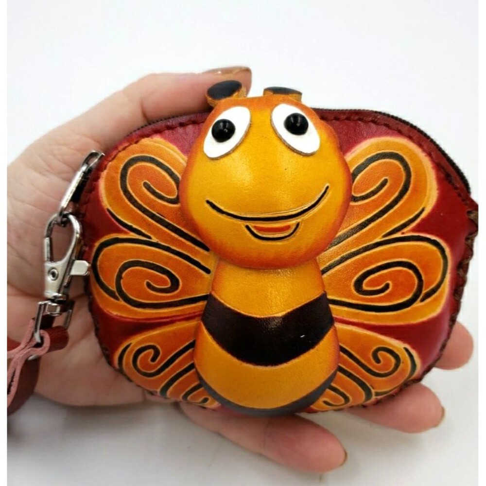 Cute Butterfly Bee Gift Leather Wallet Wristlet Handmade Happy Kawaii Coin Purse
